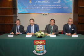 (From Left to Right) Professor Roberto Bruzzone, CEO of HKU-Pasteur Research Pole, Professor Christian Brechot, Director General of Institut Pasteur, Professor Lap-Chee Tsui, Vice-Chancellor and President of The University of Hong Kong and Mr Leo Kung Lin-cheng, Chairman of HKU-Pasteur Research Centre sign a new research agreement today to establish the HKU-Pasteur Research Pole under the School of Public Health of Li Ka Shing Faculty of Medicine, The University of Hong Kong.