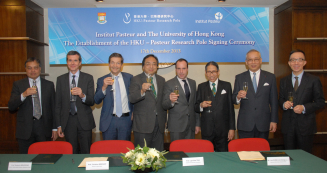 (From Left to Right) Professor Malik Peiris, Tam Wah-ching Professor in Medical Science, Chair Professor and Acting Director of School of Public Health, Li Ka Shing Faculty of Medicine, The University of Hong Kong Professor Roberto Bruzzone, CEO of HKU-Pasteur Research Pole Professor Christian Brechot, Director General of Institut Pasteur Professor Lap-Chee Tsui, Vice-Chancellor and President of The University of Hong Kong Mr Arnaud Barthélémy, Consul General of France in Hong Kong and Macau Dr Leong Che-hung, Chairman of Council, The University of Hong Kong Mr Leo Kung Lin-cheng, Chairman of HKU-Pasteur Research Centre Professor Gabriel M Leung, Dean of Li Ka Shing Faculty of Medicine, The University of Hong Kon