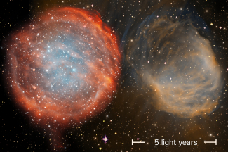 The physical sizes of two of the largest planetary nebulae, presented at a common scale based on the authors’ new distances. The scale bar represents 5 light years. Older distance scales underestimated the distances and hence sizes of these very old nebulae. Credit: NOAO/AURA/NSF. Compiled by HKU Physics.