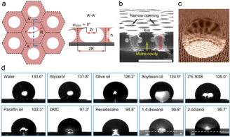 Figure 2 Bio-inspired design of liquid-repellent structures with robust liquid-repellency. Schematic (a) and image (b) of the designed porous surface. (c) Photo of a water drop suspended on top of the porous surface. (d) repellency of 10 different liquids by the porous surface.