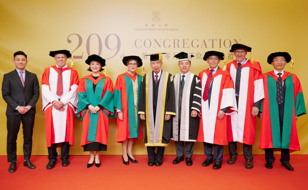 (From left) Mr Albert Yang (attends on behalf of Professor Yang Chen Ning) , Professor John Hennessy, Ms Brigitte Lin Ching Hsia, Professor Dame Carol Black, Dr the Honourable Sir David Li,, Professor Xiang Zhang, Professor Steven Chu, Dr Jack Dangermond and Dr Colin LAM Ko Yin