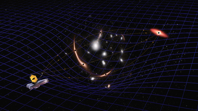 Artist's illustration showing JWST, aided by gravitational-lensing, enabled the team to measure the mass of an inactive black hole in the early Universe. Image credit: Navid Marvi/Carnegie Science
 
