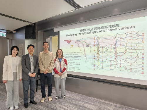 港大醫學院證實針對飛行航線進行基因監測有助加快預知病毒變異株。這項研究由潘烈文教授（左二）及顧豪高博士（右二）共同領導。
 