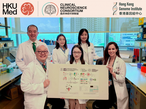 這項由臨床神經科學聯盟與香港基因組中心研究人員合作主導的研究，於腦癌研究領域取得重大突破，建立了迄今最全面的膠質母細胞瘤異構體圖譜。研究揭示了一類全新的潛在治療標靶，包括可望應用於未來個人化癌症疫苗及癌症免疫治療的候選新抗原。研究成員包括Aya El Helali醫生（前排右一）、鍾侃言醫生（前排左一）及梁嘉傑教授（後排左一）。